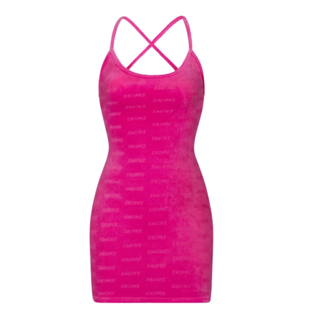 LOGO VELOUR SLIP DRESS | HOT PINK